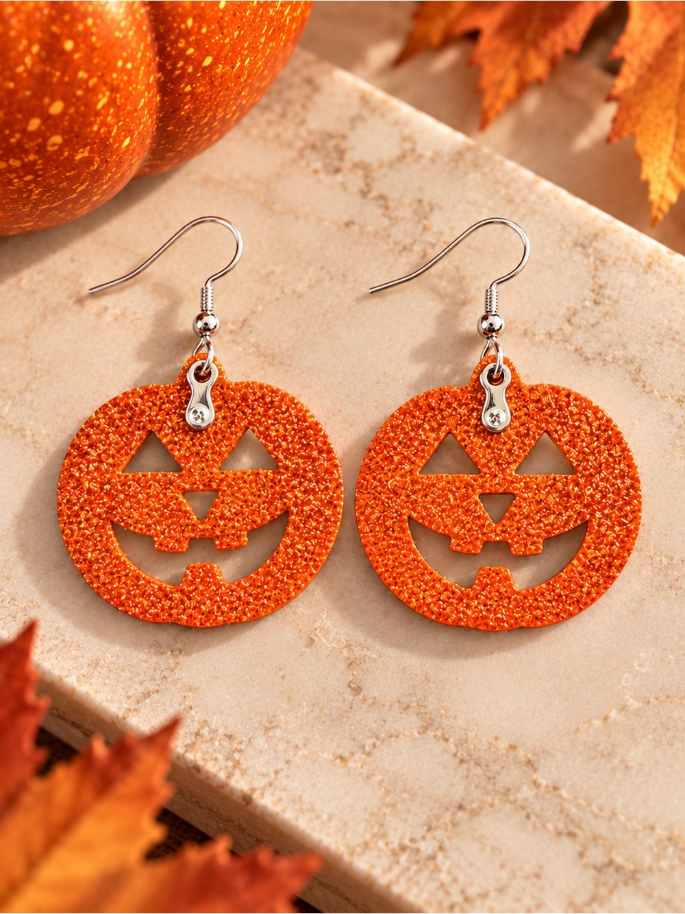 Halloween Pumpkin Dangle Earrings - Orange Glitter